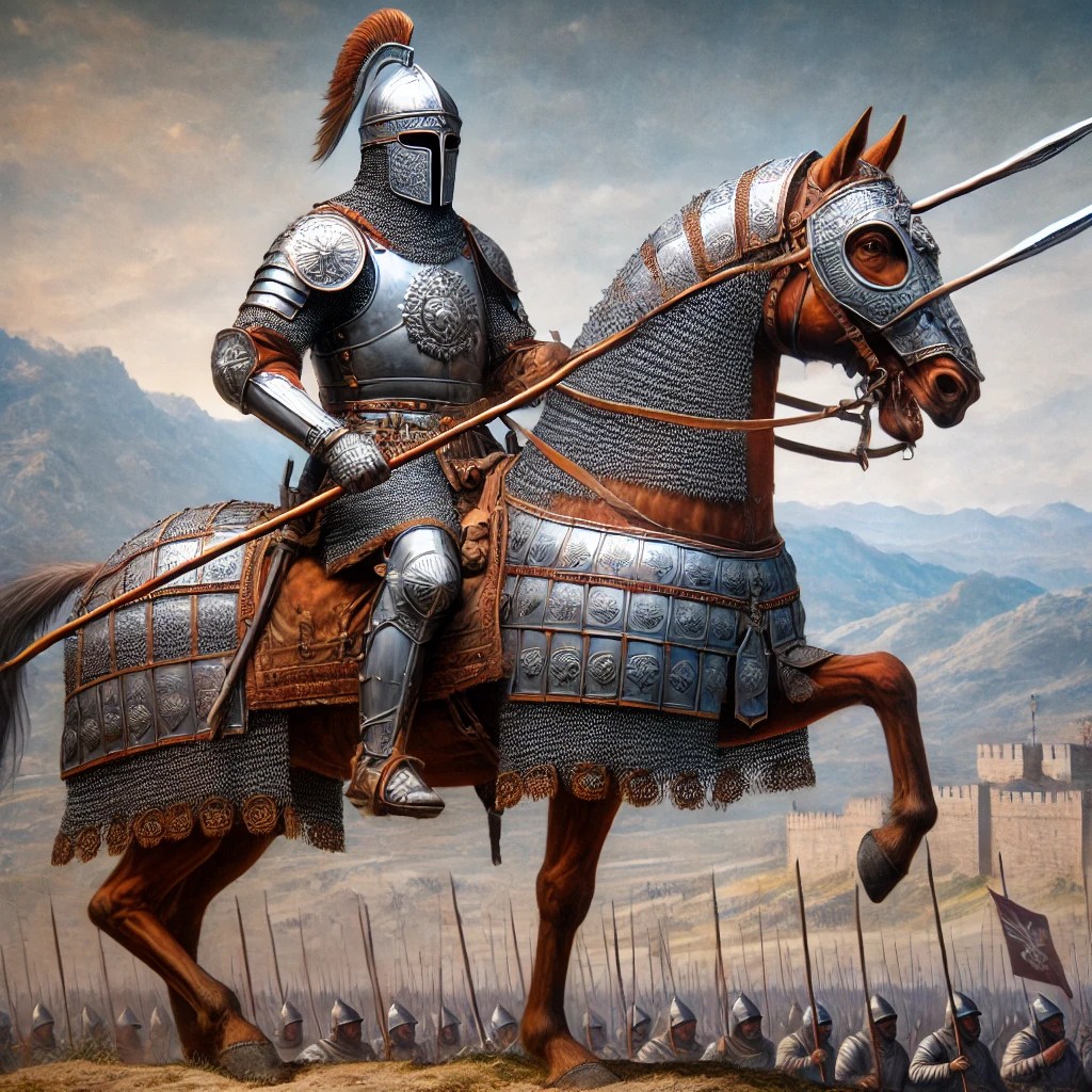 A detailed depiction of a Byzantine cataphract, a heavily armored cavalry soldier mounted on an armored warhorse. The cataphract is wearing full body armor, holding a lance, ready for battle on a medieval battlefield with mountains and a distant fortress in the background. This image highlights the elite cavalry unit's role in Byzantine military strategy