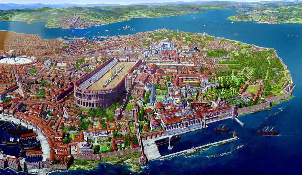 A historical illustration of Constantinople, showcasing its grand defensive walls, the majestic Hagia Sophia, and its strategic location along the Bosporus. The image captures the architectural and cultural significance of the city during the Byzantine era, highlighting its role as the capital of the Byzantine Empire before its fall to the Ottomans in 1453