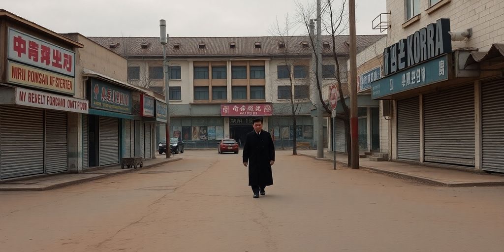 Peisaj pustiu din Coreea de Nord, străzi goale.