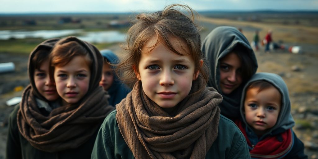 Refugiați ucraineni în fața unui peisaj distrus.