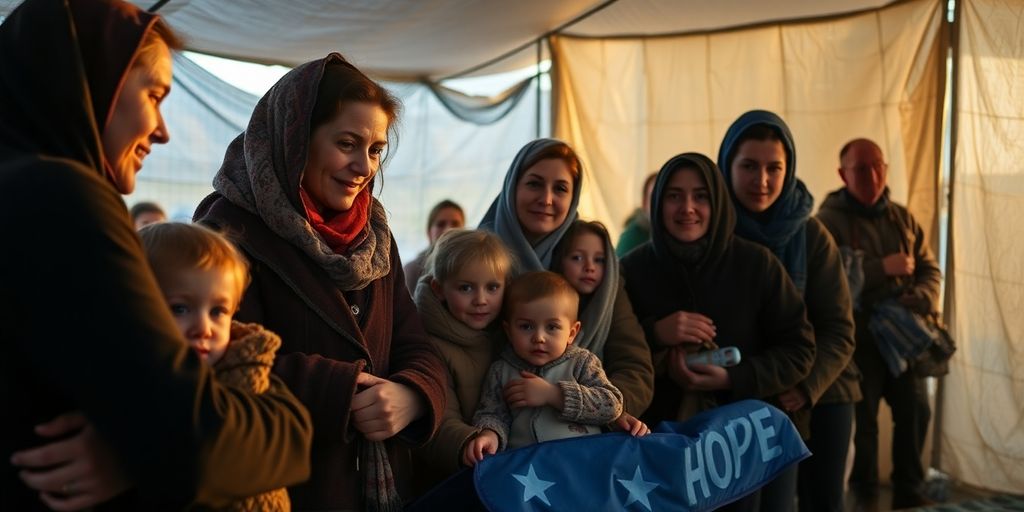 Refugiați ucraineni într-un adăpost temporar.