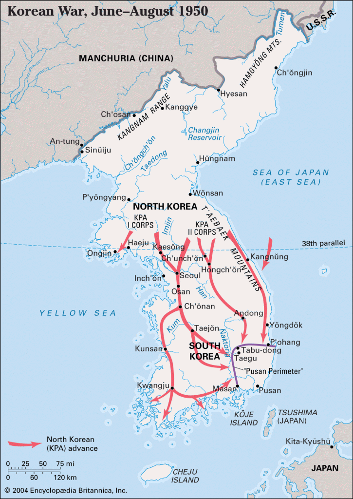 This image is a map showing the Korean War's progress from June to August 1950. It illustrates the North Korean (KPA) advance into South Korea, represented by red arrows, as they crossed the 38th parallel and captured key cities such as Seoul. The map also highlights the strategic retreat of South Korean and UN forces to the Pusan Perimeter, where they made a final stand to prevent the North from taking the entire peninsula.