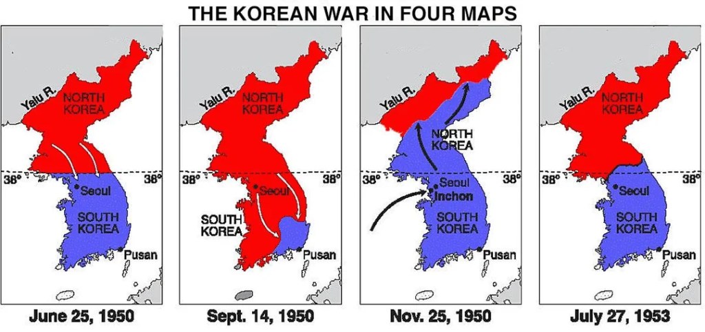 This image presents four key phases of the Korean War through maps, illustrating the shifts in control of the Korean Peninsula from June 25, 1950 to July 27, 1953:
June 25, 1950: North Korean forces (red) invade South Korea (blue), rapidly advancing past the 38th parallel and pushing towards Seoul and Pusan.
September 14, 1950: North Korean forces dominate most of South Korea, except for the Pusan Perimeter, a small area held by UN forces in the southeastern corner of the peninsula.
November 25, 1950: Following the successful Incheon landing by UN forces, led by General MacArthur, UN forces push the North Koreans back, recapturing Seoul and advancing deep into North Korea toward the Yalu River, near the Chinese border.
July 27, 1953: After Chinese intervention and prolonged fighting, the frontlines stabilize along the 38th parallel, where the war eventually ends with the signing of an armistice, creating a permanent division between North and South Korea.