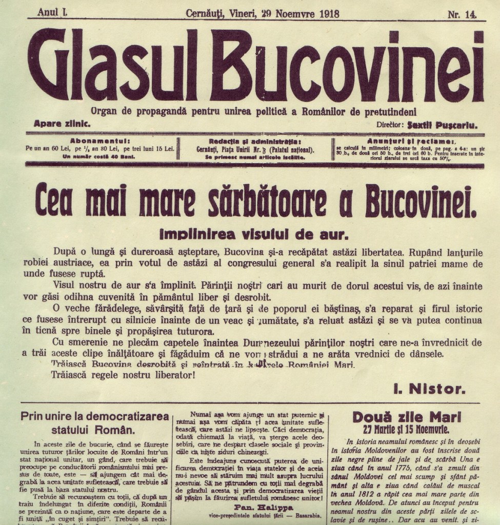 Articol dintr-un ziar bucovinean din 1918 despre Unirea Bucovinei – exemplu de reflecție internațională a evenimentului