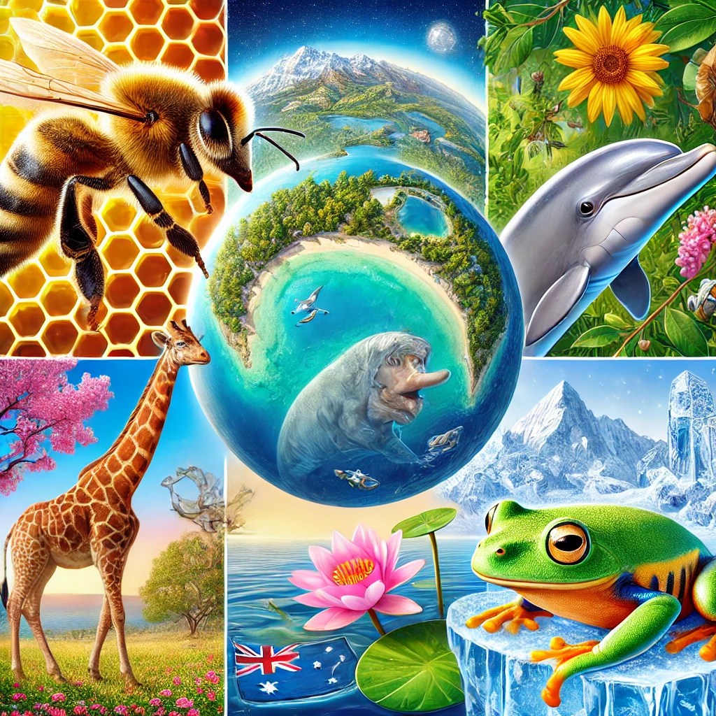 Colaj fascinant cu curiozități despre natură: albină recunoscând o față umană, un lac roz în Australia, un delfin dormind cu jumătate de creier activ, o girafă cu gâtul întins către frunze și o broască înghețată – simbol al adaptării uimitoare a animalelor în condiții extreme.