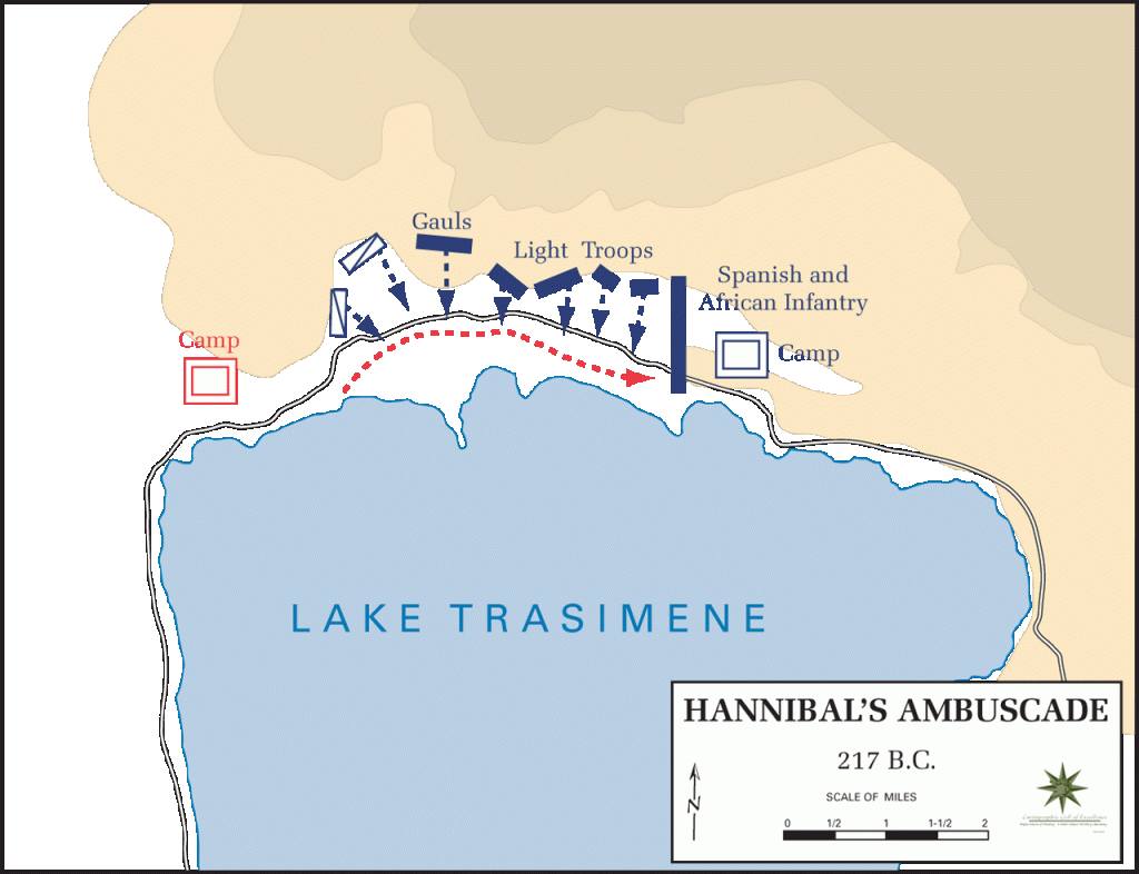 Aceasta este o hartă reprezentând ambuscada lui Hannibal în Bătălia de la Lacul Trasimene din 217 î.Hr. Se observă clar cum Hannibal și-a poziționat trupele