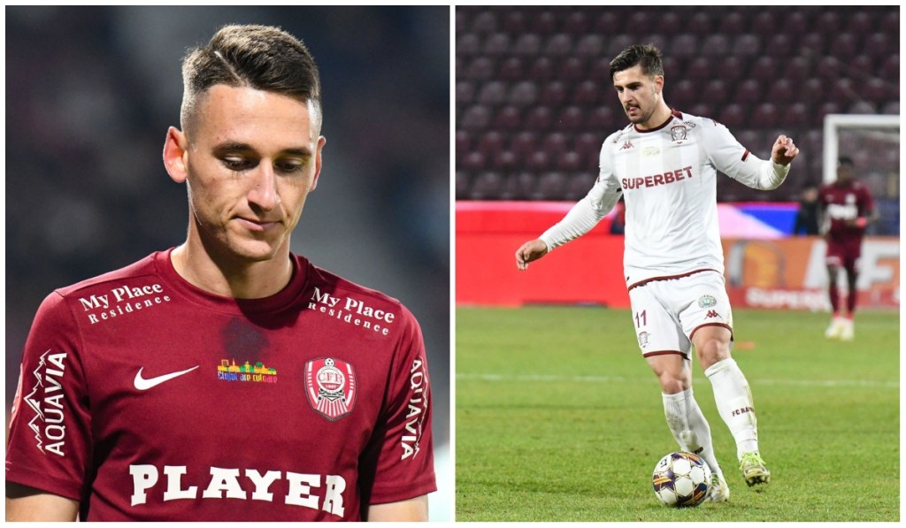 Jucători de fotbal de la CFR Cluj și Rapid București în timpul unui meci din etapa 17 a SuperLigii, încheiat cu scorul 1-1, cu momente dramatice și goluri marcate de Fică și Burmaz