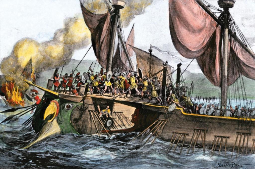 Imagine care ilustrează Corvusul în acțiune, conectând o navă romană de luptă cu o navă cartagineză în timpul unei bătălii navale