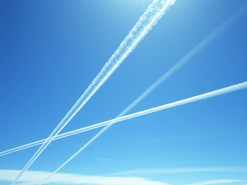 Contrails persistente transformându-se în nori subțiri de tip cirrus pe un cer albastru