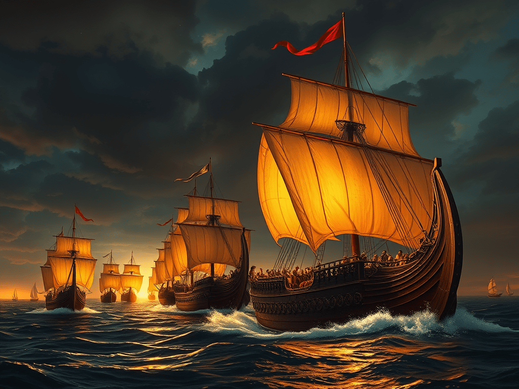 eprezentare artistică a flotei romane în timpul Primului Război Punic, evidențiind utilizarea Corvusului și impactul pierderilor navale asupra strategiei Romei împotriva Cartaginei