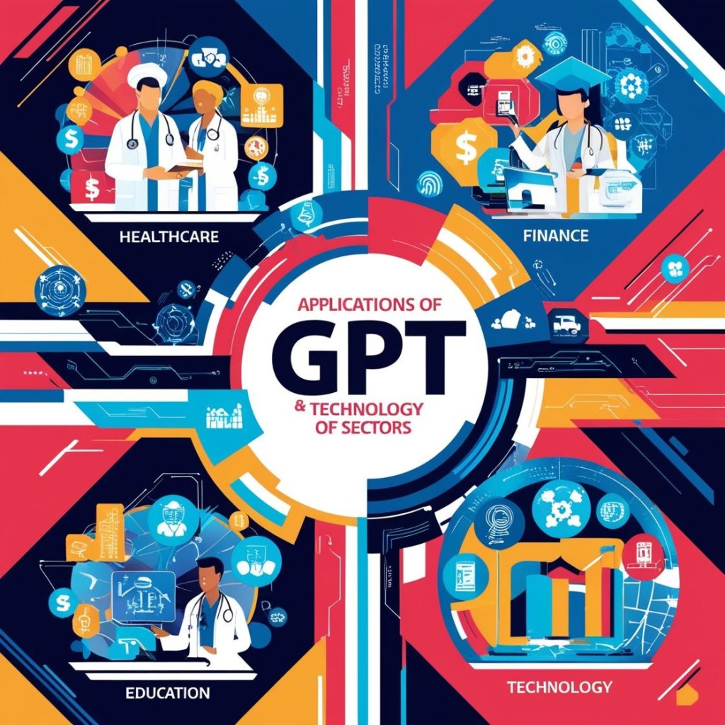 Infographic of GPT applications across industries, including healthcare, finance, education, and customer service.