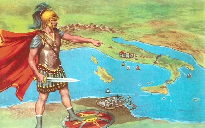 Ilustrație reprezentându-l pe Hannibal planificând strategia sa împotriva Romei în timpul celui de-Al Doilea Război Punic, cu Italia și Mediterana în fundal