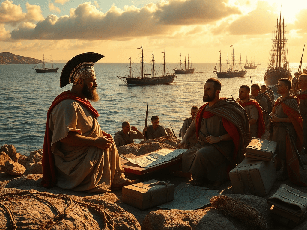 O reprezentare a flotei romane utilizând corvusul, o invenție tactică ce a transformat luptele navale în timpul campaniei siciliene a Primului Război Punic