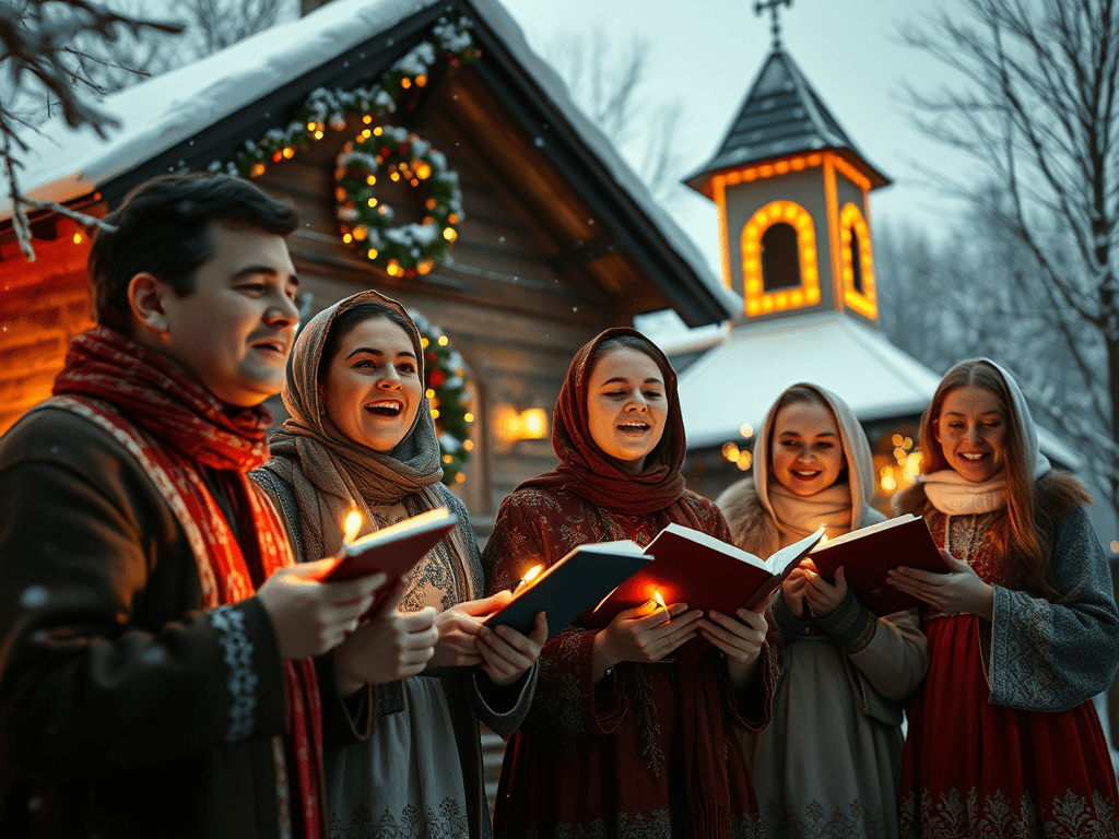 Colindători români cântând în curtea unei case, păstrând vie tradiția de Crăciun în România.