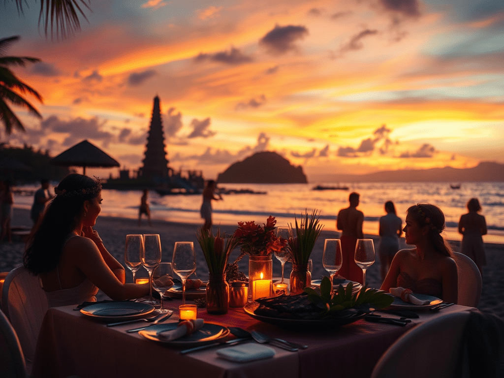 ină festivă de Crăciun pe plajă în Bali, cu apus exotic și templu în fundal – o experiență unică pentru sărbători
