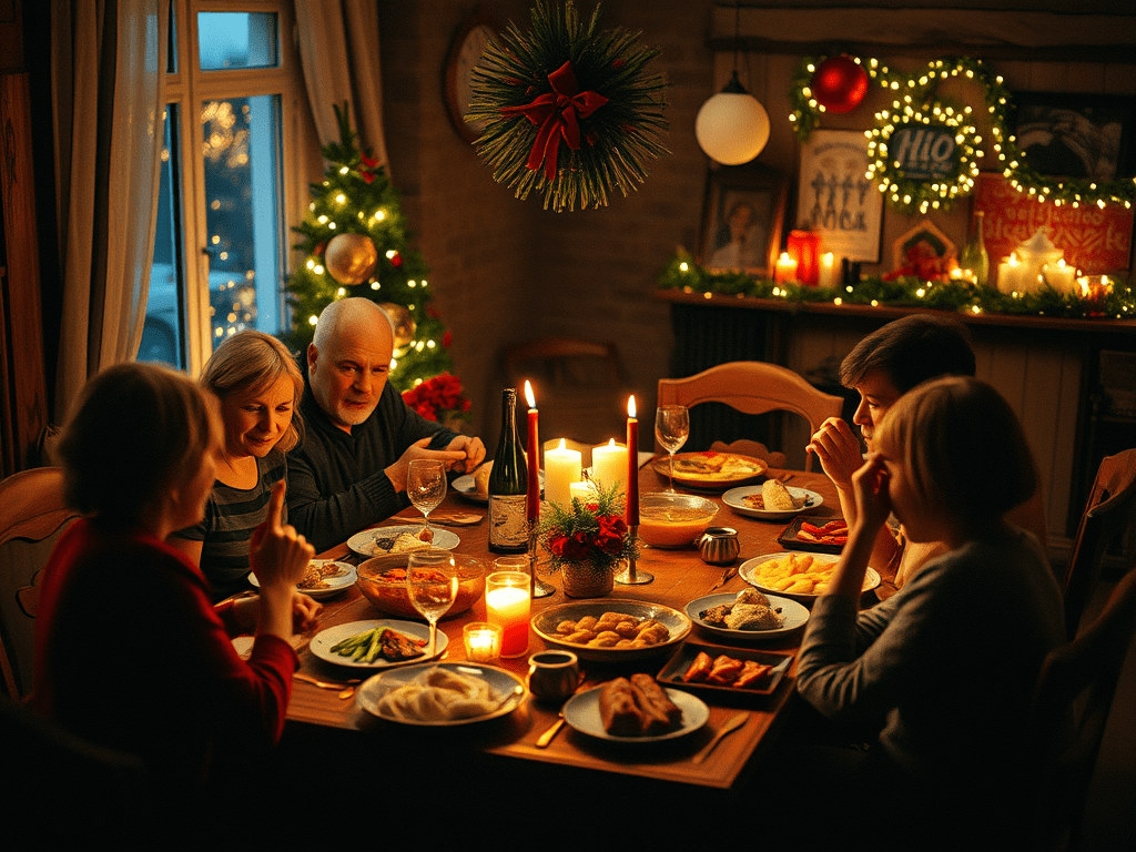 Masă tradițională de Crăciun din România, decorată festiv, cu preparate specifice precum sarmale, cozonac, salată de boeuf și cârnați, înconjurată de ornamente de iarnă și lumânări