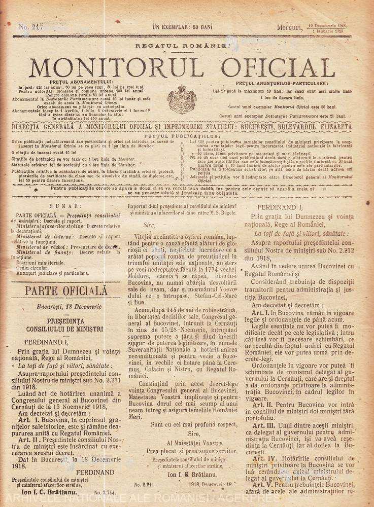 Articol dintr-un ziar romanesc din 1918 despre Unirea Bucovinei – exemplu de reflecție internațională a evenimentulu
