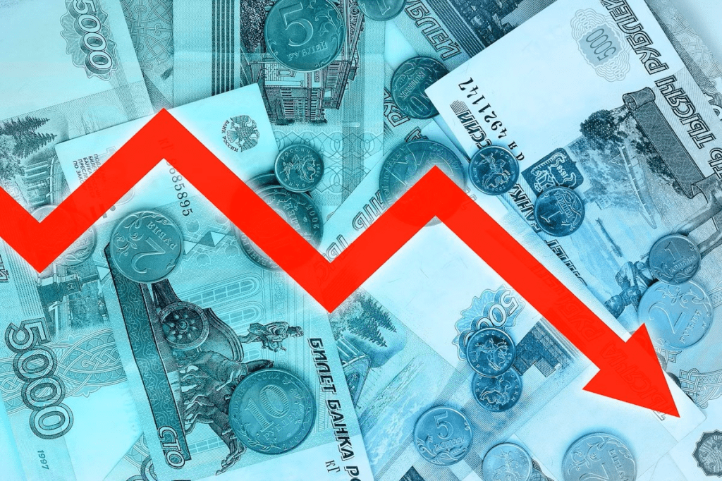 Grafic reprezentând deprecierea rublei rusești față de dolar, evidențiind impactul sancțiunilor și măsurilor Băncii Centrale a Rusiei
