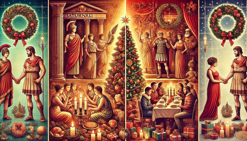 Imagine care ilustrează tranziția de la Saturnalia la Crăciun: pe o parte, romani în togi, cu coroane de laur și banchete festive; pe cealaltă parte, o scenă modernă de Crăciun, cu un brad împodobit, cadouri și familii reunite. Culoarea dominantă este roșu, auriu și verde, reflectând spiritul sărbătorii.