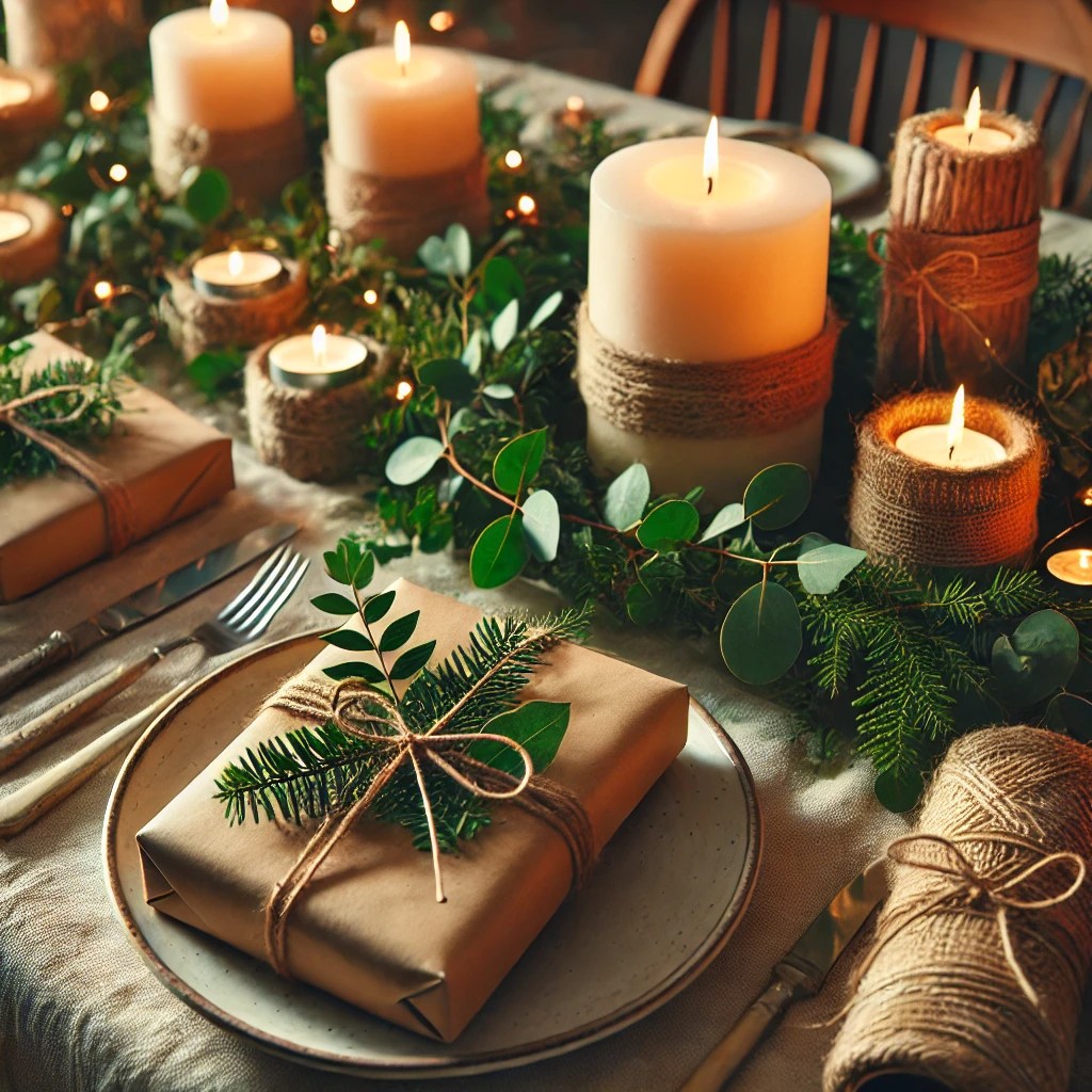 Masa festivă decorată cu ghirlande naturale, lumânări și cadouri împachetate în hârtie reciclabilă, simbolizând sărbători accesibile și creative
