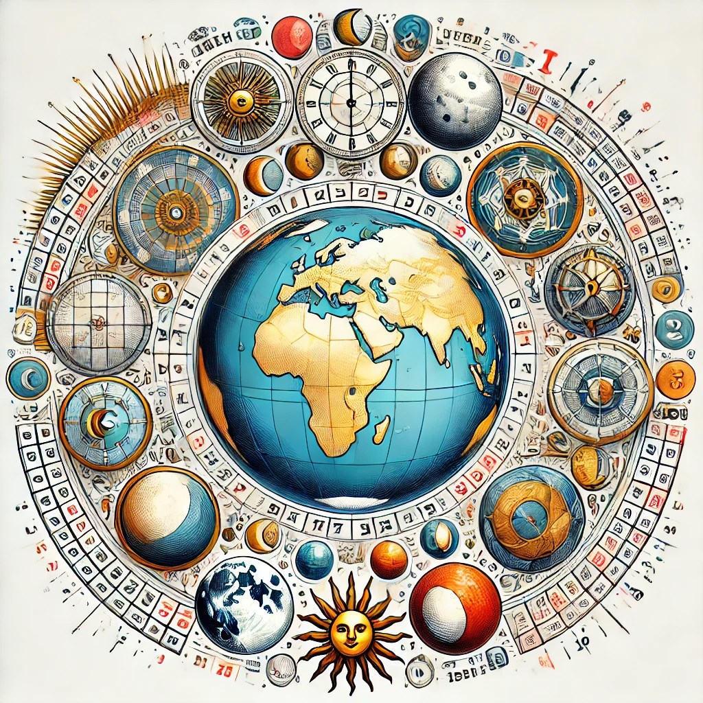 Ilustrație reprezentând istoria calendarului, cu elemente precum fazele lunii, soarele și cifrele calendaristice.