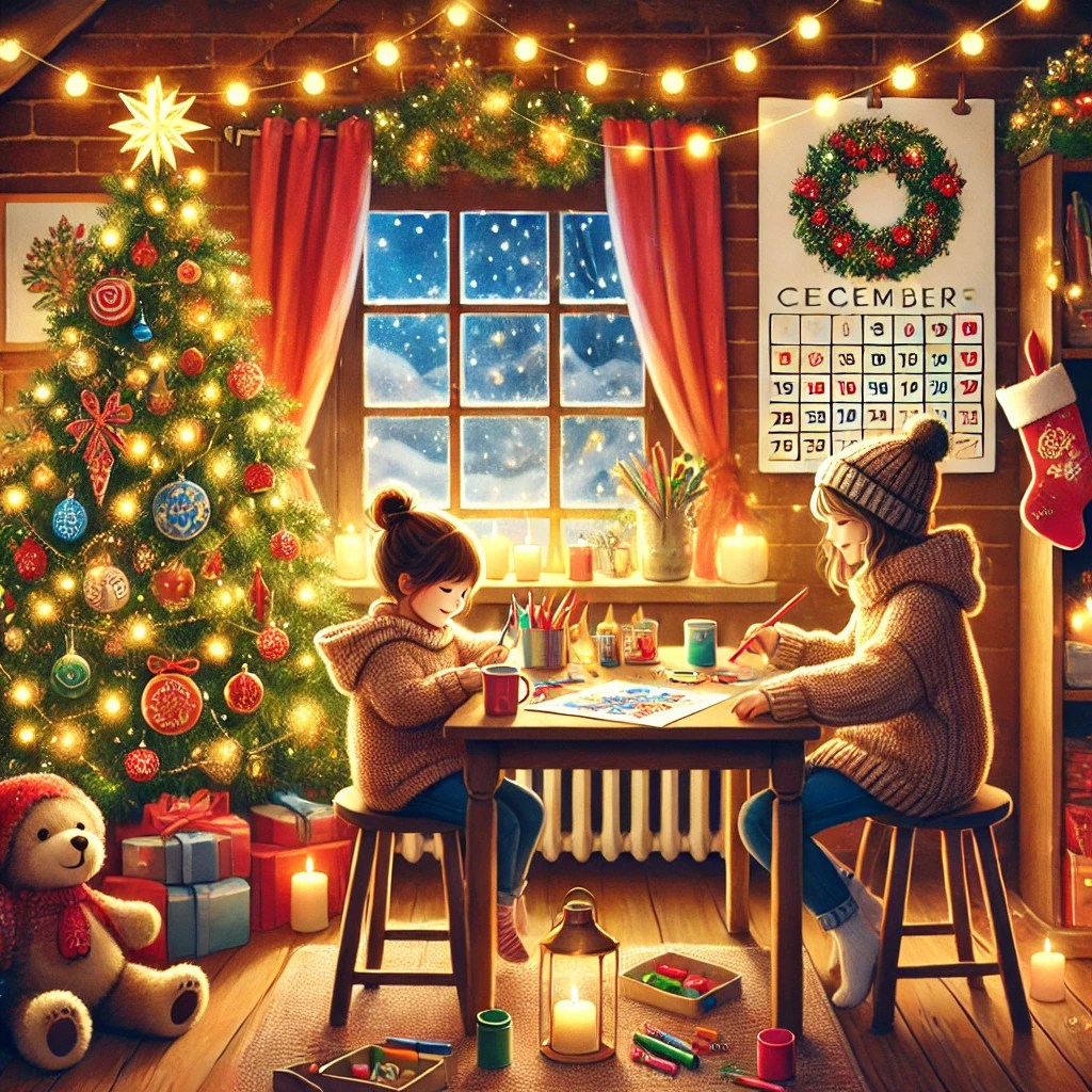 O familie zâmbitoare decorând bradul de Crăciun, copiii desenând ornamente, iar în fundal un calendar de Advent și luminițe calde.
