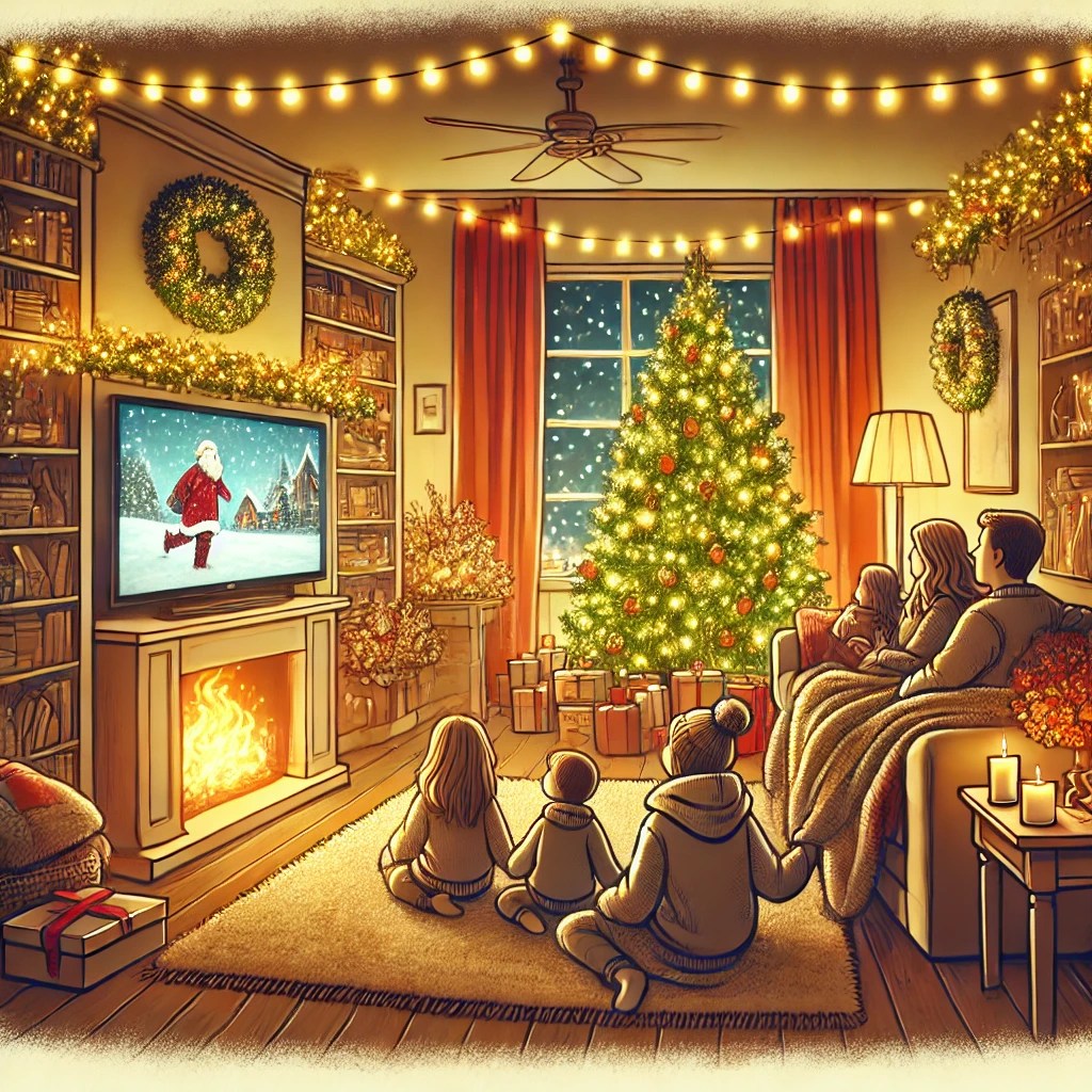 Familie relaxându-se în living, vizionând un film de Crăciun lângă un brad împodobit, simbolizând serile festive de iarnă
