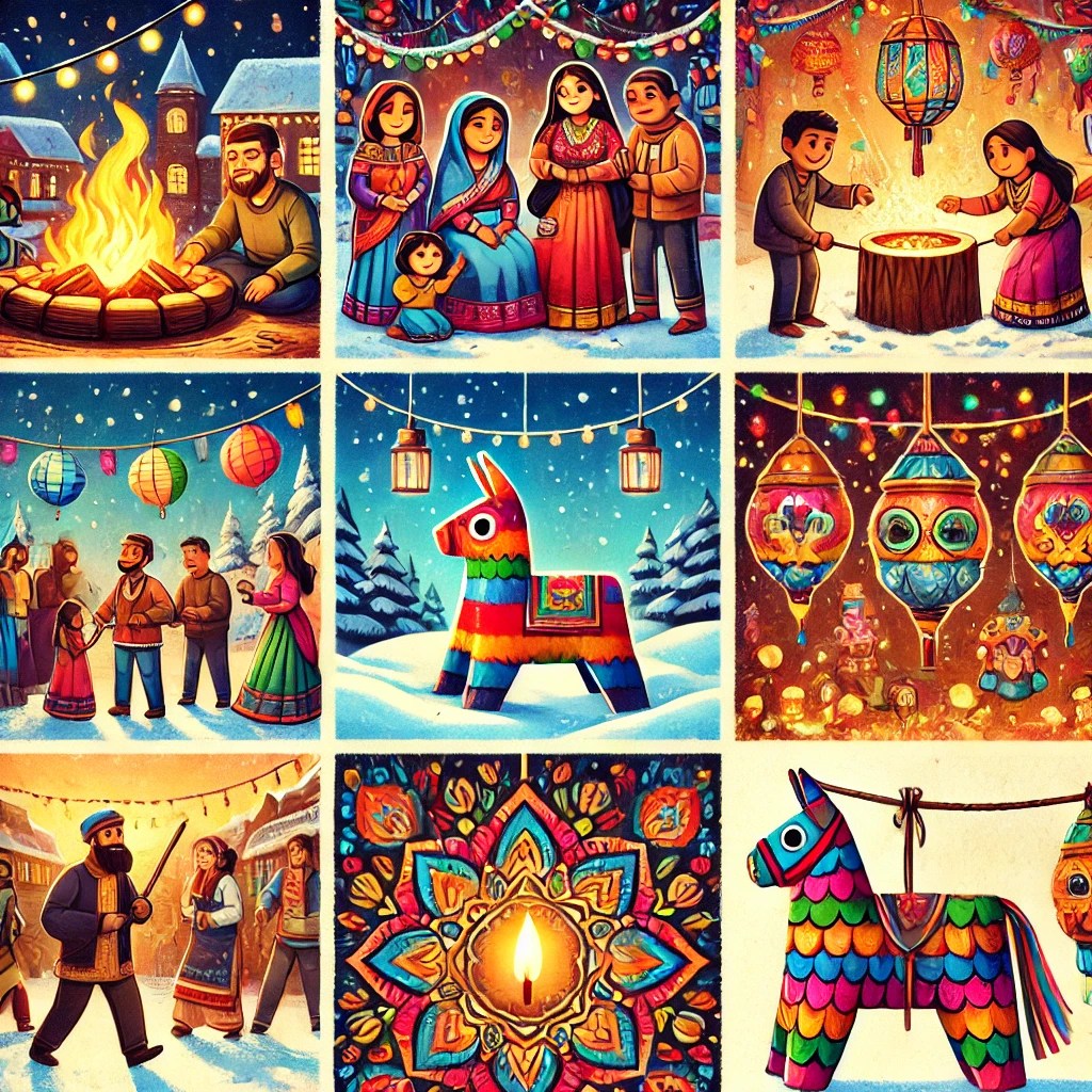 Ilustrație care prezintă tradiții de iarnă din întreaga lume, cu buștean de Yule, procesiuni cu lanterne și decorațiuni mexicane.