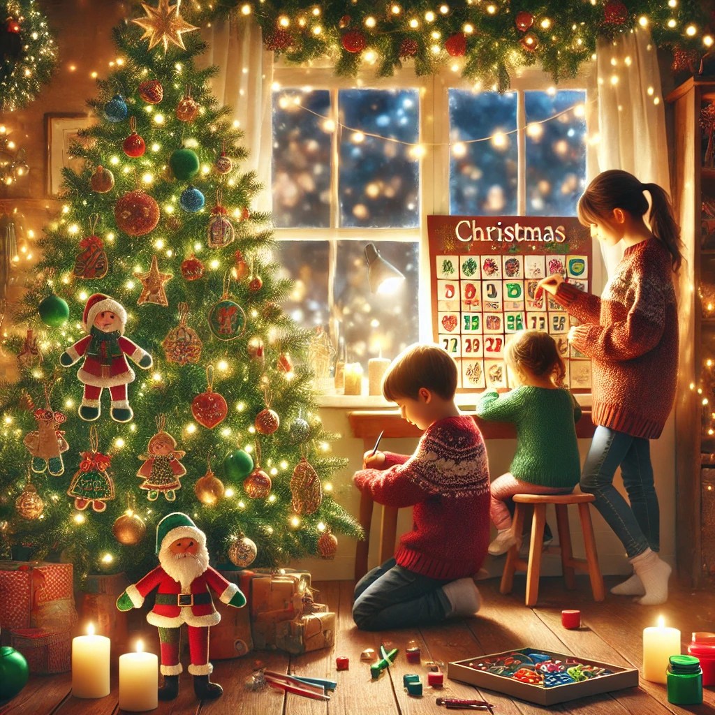 Familie decorând bradul de Crăciun, copiii creați ornamente DIY, cu un calendar de Advent în fundal, într-o atmosferă festivă