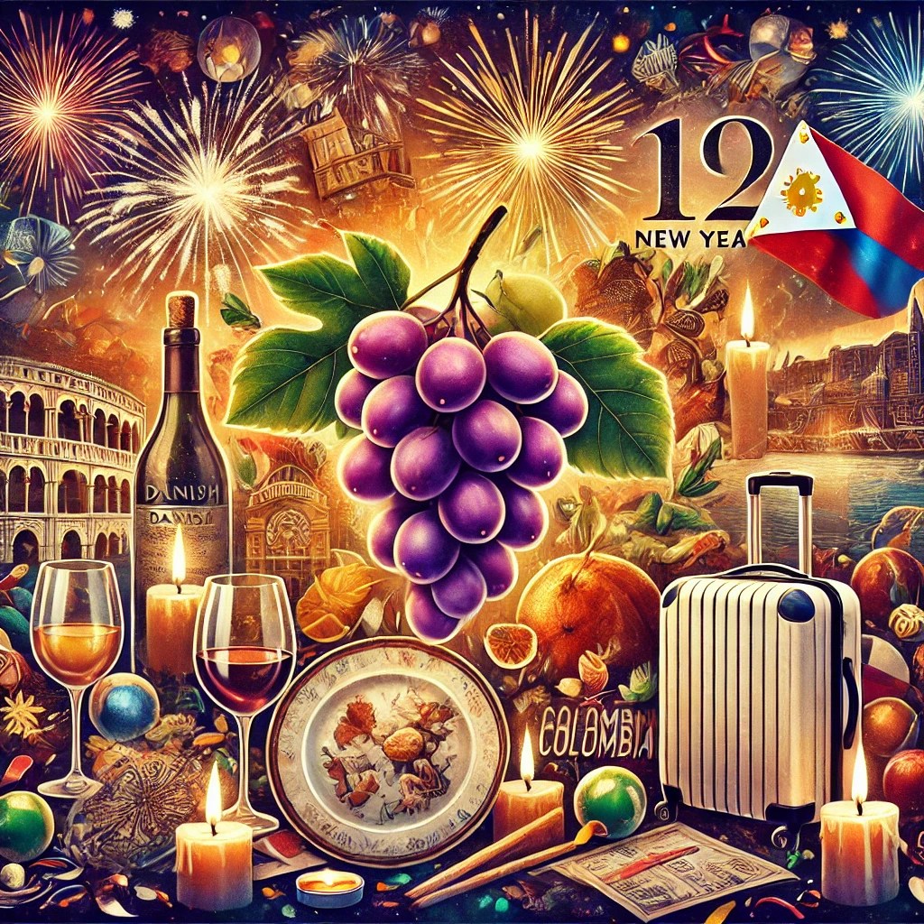 Colaj cu tradiții de Anul Nou din lume: farfurii sparte, 12 struguri, lumânări colorate și o valiză simbolică