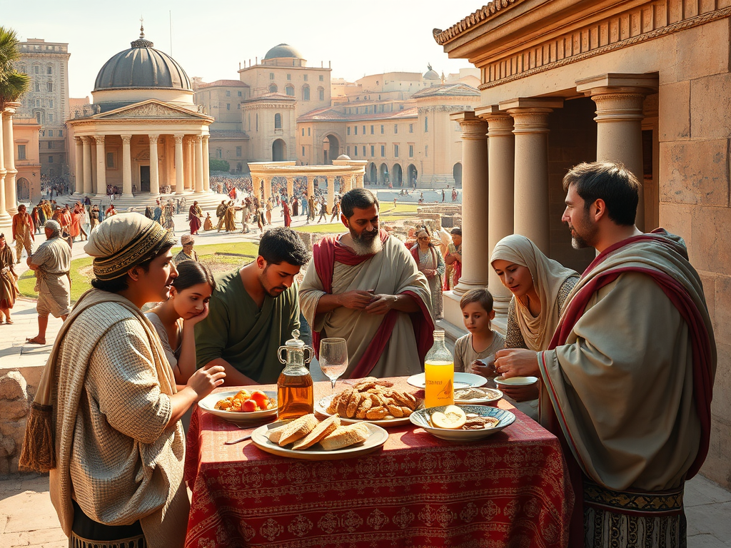 O ilustrare a vieții de zi cu zi în Roma antică: un forum roman animat, cu oameni din diverse clase sociale ocupându-se de activități cotidiene. Comerțul este în plină desfășurare, cu tarabe pline de fructe, legume și alte bunuri. În fundal, se pot vedea clădiri grandioase, precum temple și basilici, iar un grup de cetățeni dezbate aprins chestiuni politice. Pe străzi, trecătorii includ soldați romani, sclavi care transportă marfă și copii care se joacă. Această scenă redă agitația vibrantă a vieții în Roma antică.