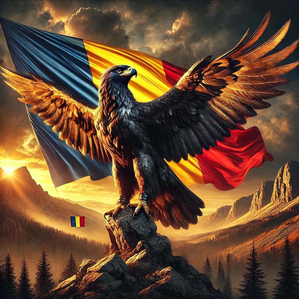 Steagul României fluturând în vânt pe un cer senin, simbolizând unitatea națională și sărbătoarea Zilei Naționale, 1 Decembrie
