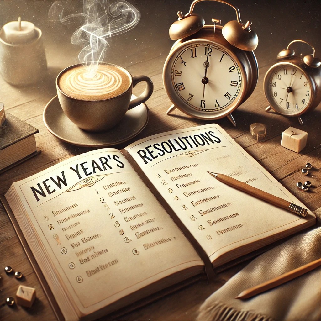 Agendă deschisă cu rezoluții pentru anul viitor, alături de un ceas și un creion, reprezentând planificarea și motivația.