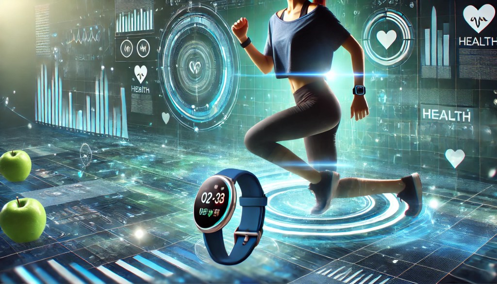 Persoană purtând un smartwatch în timp ce face exerciții, cu date despre sănătate afișate pe un ecran digital în fundal