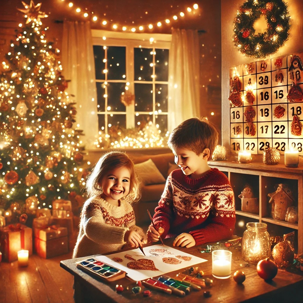 Familie decorând bradul de Crăciun, copiii creați ornamente DIY, cu un calendar de Advent în fundal, într-o atmosferă festivă