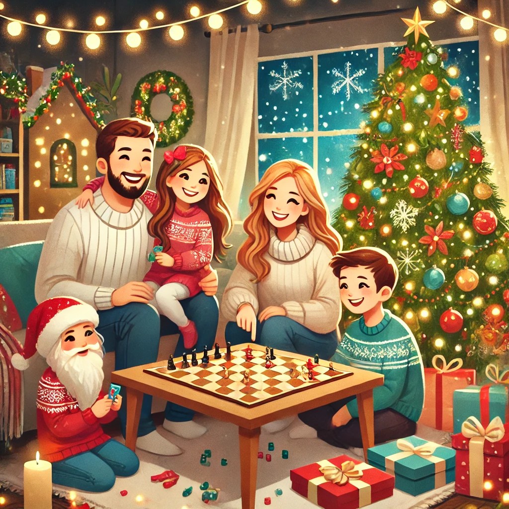 O familie petrecând timp împreună, jucând un joc de societate într-un living decorat de sărbători, cu brad de Crăciun în fundal