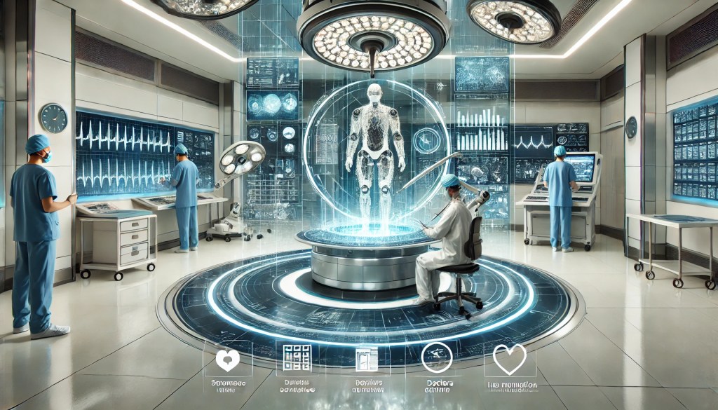 Robot chirurgical și tehnologii medicale avansate utilizate într-un spital modern, reprezentând inovațiile din sănătate în 2024