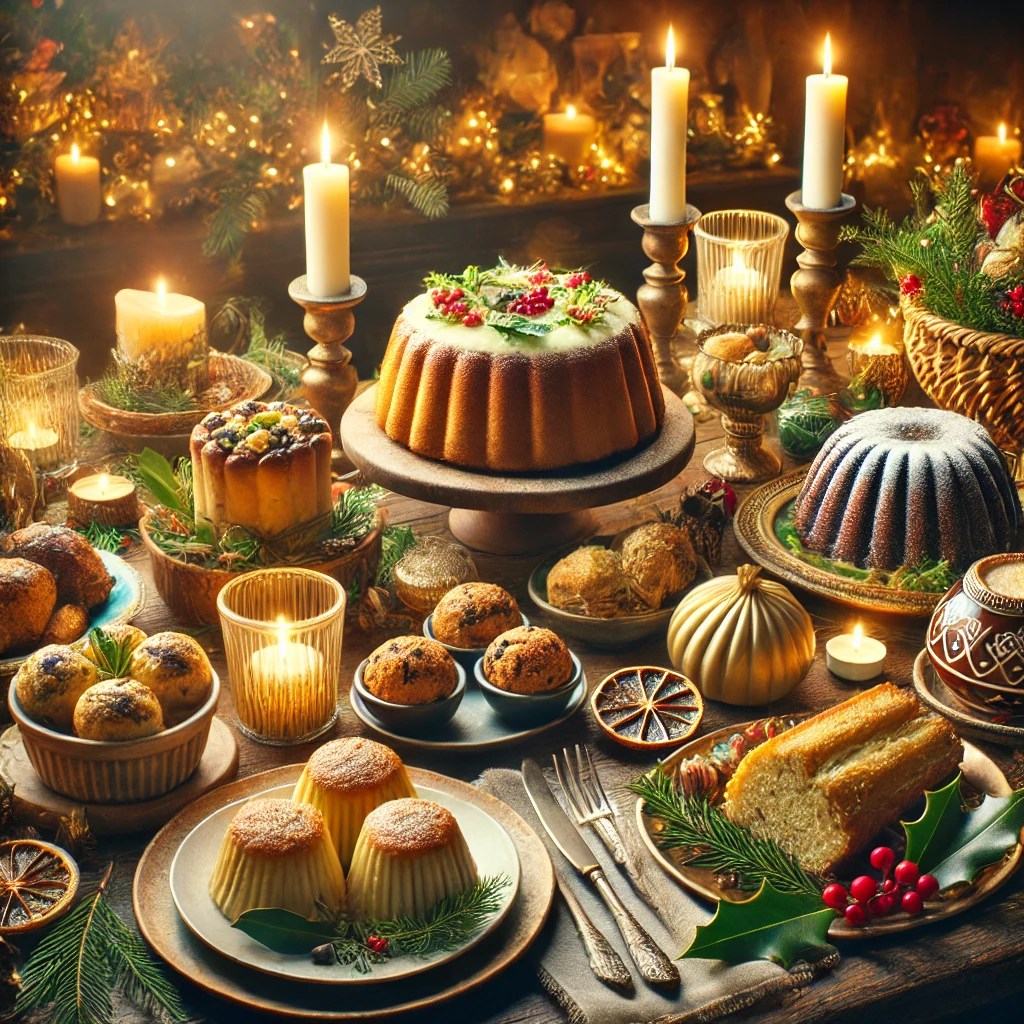 Masă festivă cu preparate tradiționale de sărbători din întreaga lume, incluzând cozonac, panettone, tamales și Christmas pudding.