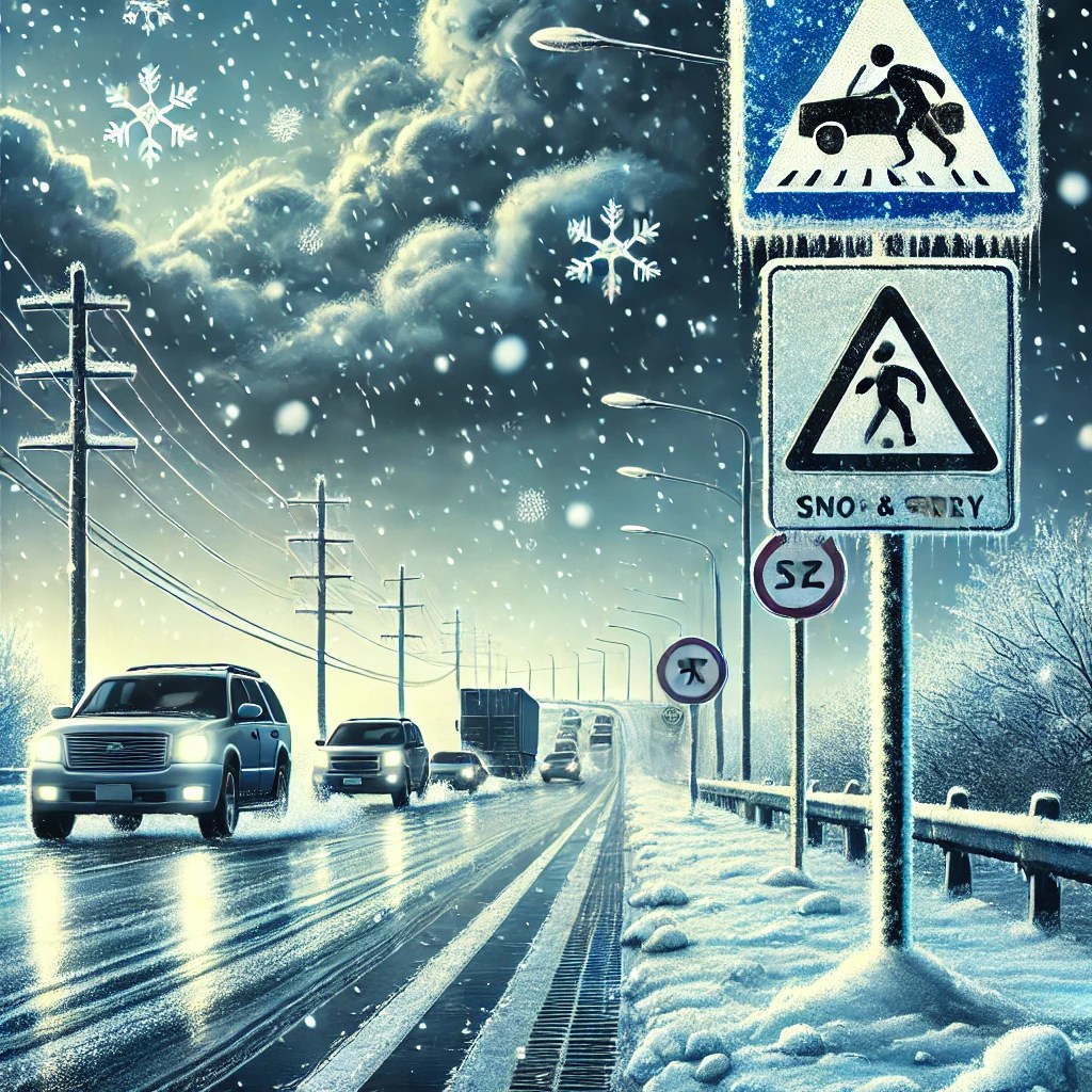 Șosea acoperită de zăpadă și lapoviță, trafic moderat în condiții meteo dificile, semne de avertizare pentru ninsoare și vânt puternic