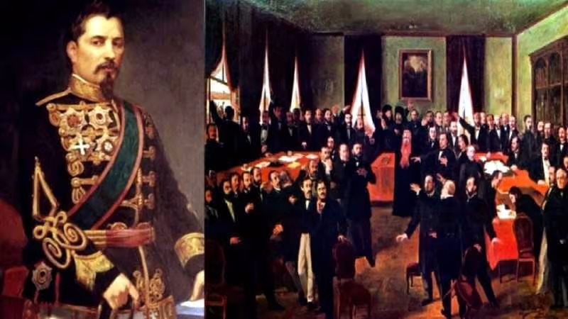 Scenă istorică ce ilustrează alegerea lui Alexandru Ioan Cuza ca domnitor al Moldovei și Țării Românești în 1859. Imaginea prezintă un decor formal, cu un grup de nobili români îmbrăcați în costume tradiționale de secol XIX, participând la procesul de votare într-o sală impunătoare. Alexandru Ioan Cuza este plasat central, în uniformă ceremonială, simbolizând unitatea celor două principate. Drapele și elemente heraldice completează atmosfera solemnă și festivă